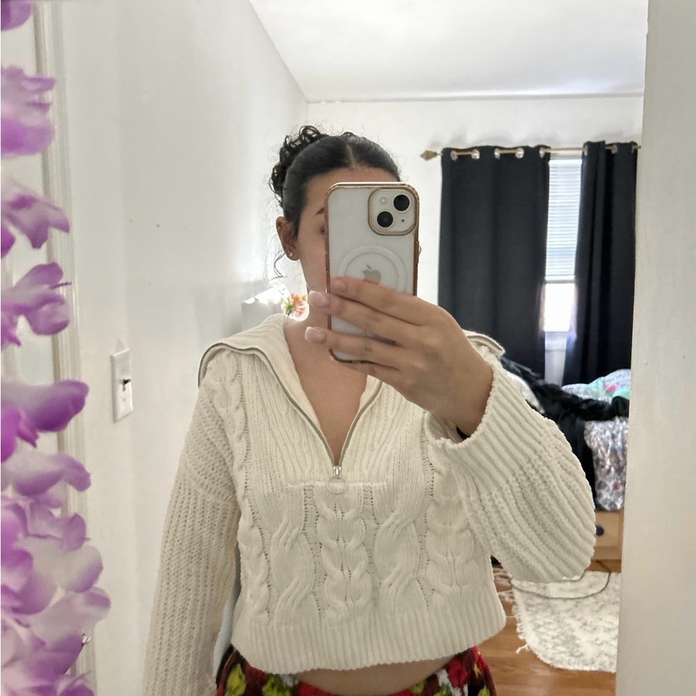 Pink Rose Cream V-Neck Cable Knit Sweater